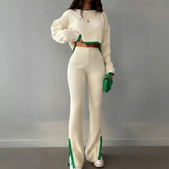 Fashionable women's knitted joggers set and cardigan, offering cozy relaxation and casual style