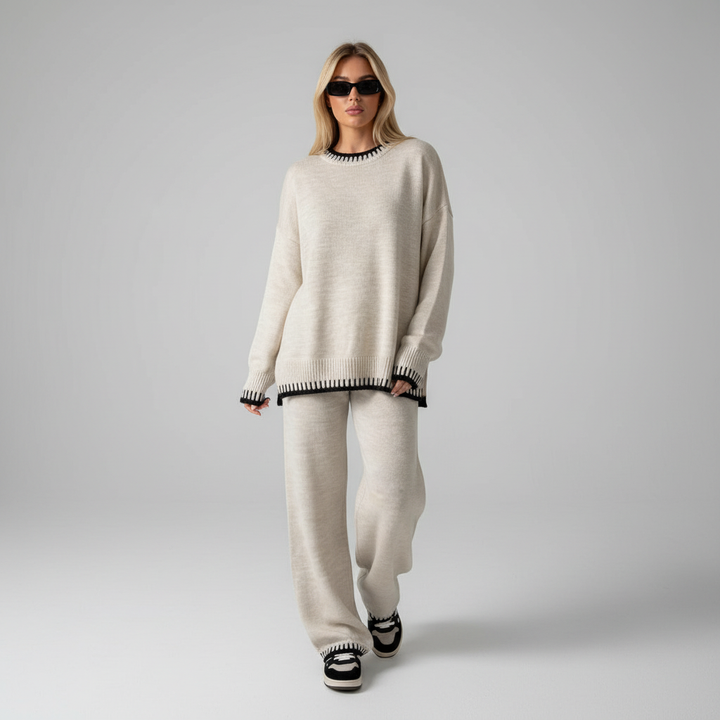 Casual women's knitted sweatsuit showing top and matching pants, ideal for comfortable loungewear