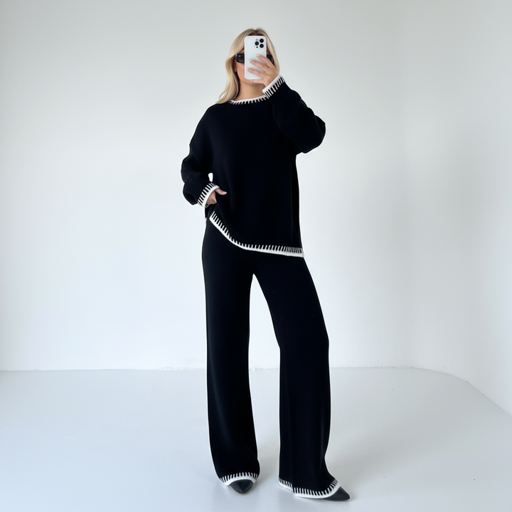 Full view of women's autumn/winter knitted matching set, highlighting the relaxed fit and loungewear style