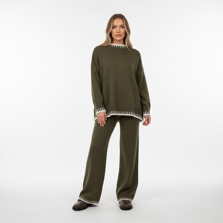 Elegantly draped women's knitted two-piece set, showcasing its versatility as casual and comfy wear