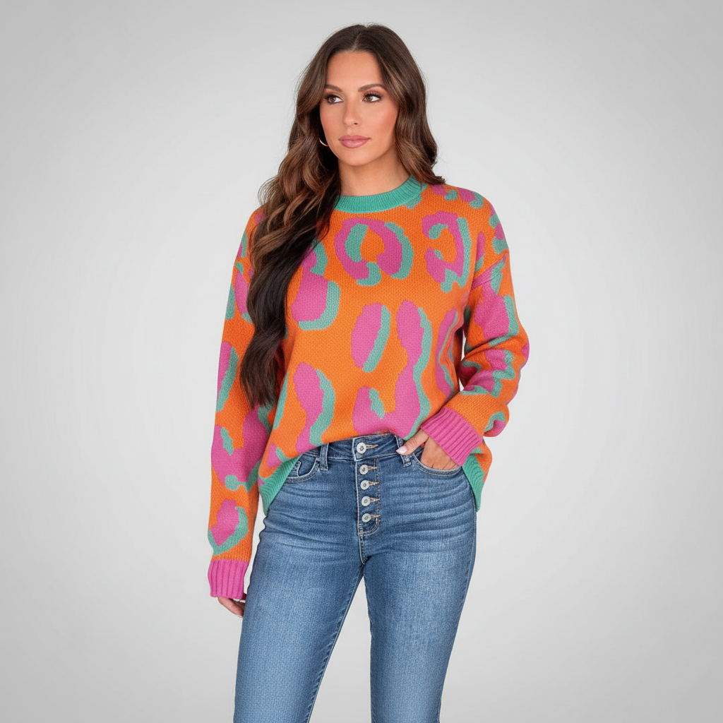 Vibrant acrylic blend women's leopard print sweater, perfect for winter and fall fashion