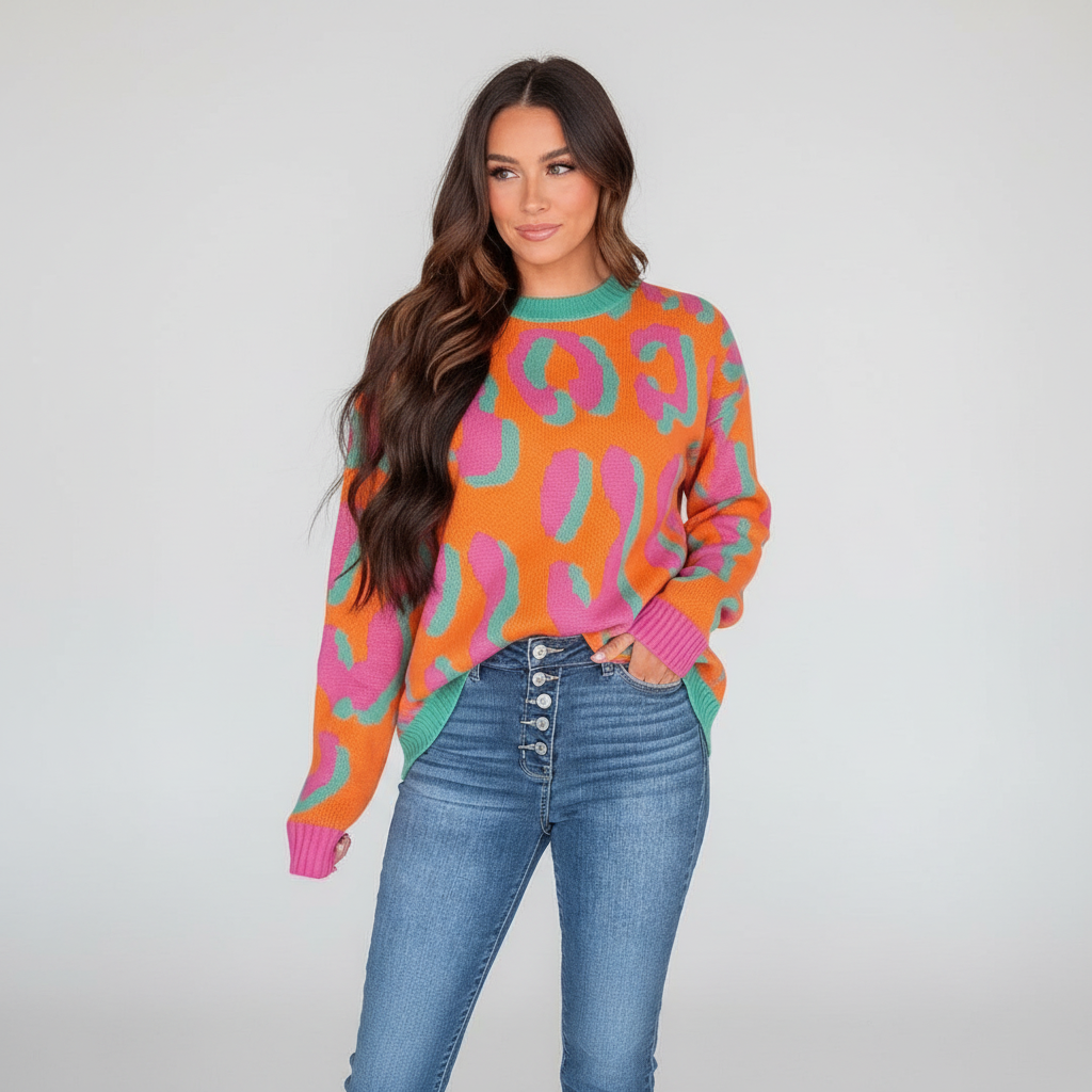 Women's colorful leopard print long-sleeve sweater, a trendy and cozy winter fashion statement
