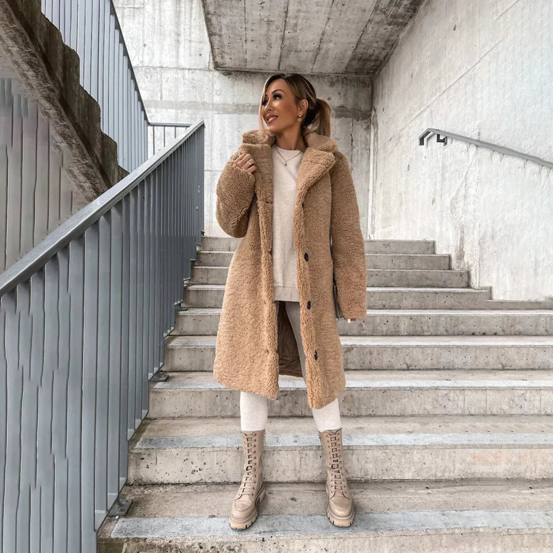 Warm, cozy women's long teddy coat. Perfect winter fashion outerwear, relaxed fit for casual & stylish layering.
