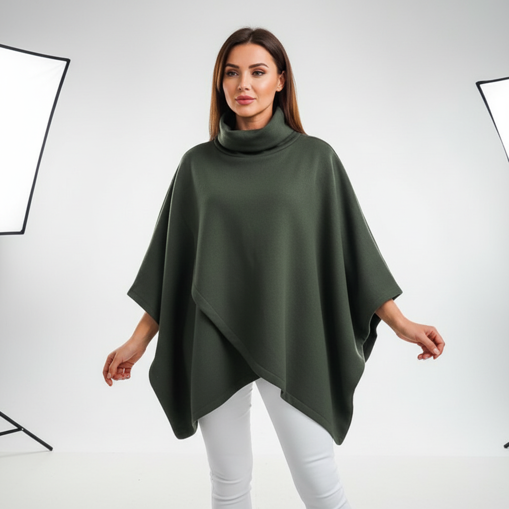 Model wearing a cozy women's oversized knit roll-neck sweater for winter fashion