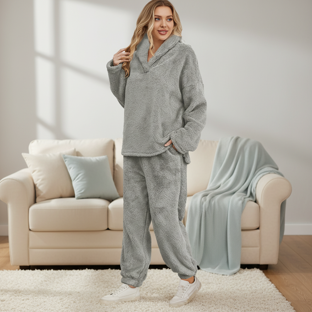 Cozy women's plush fleece loungewear set in grey, perfect for autumn winter comfort wear.