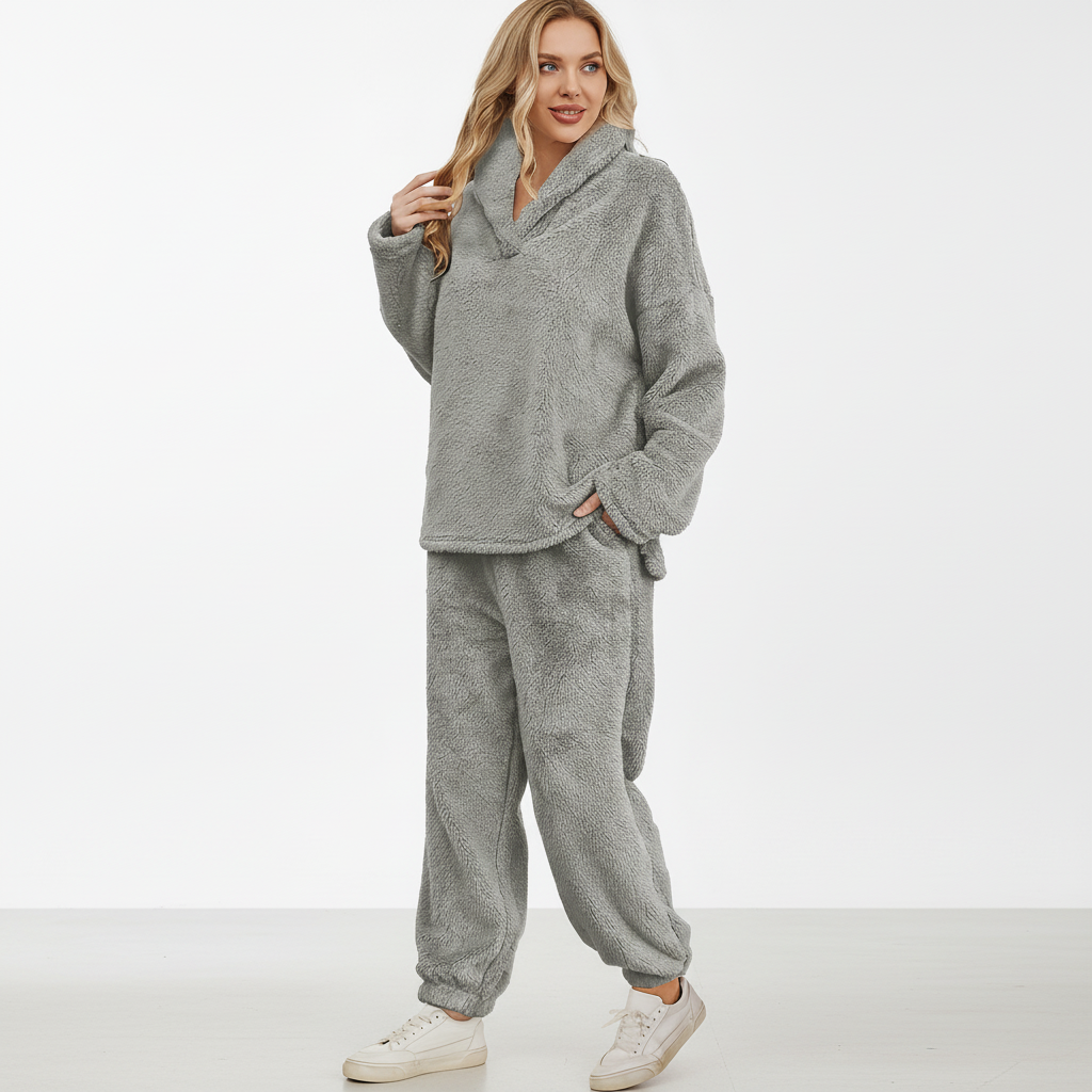 Hannah women's fleece hoodie and pants loungewear set, ideal for relaxation and home wear.