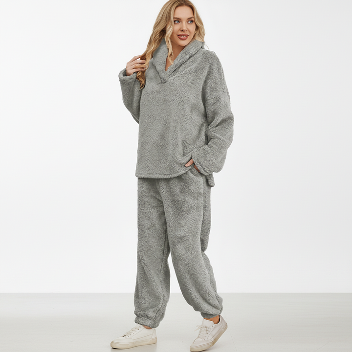 Hannah women's fleece hoodie and pants loungewear set, ideal for relaxation and home wear.