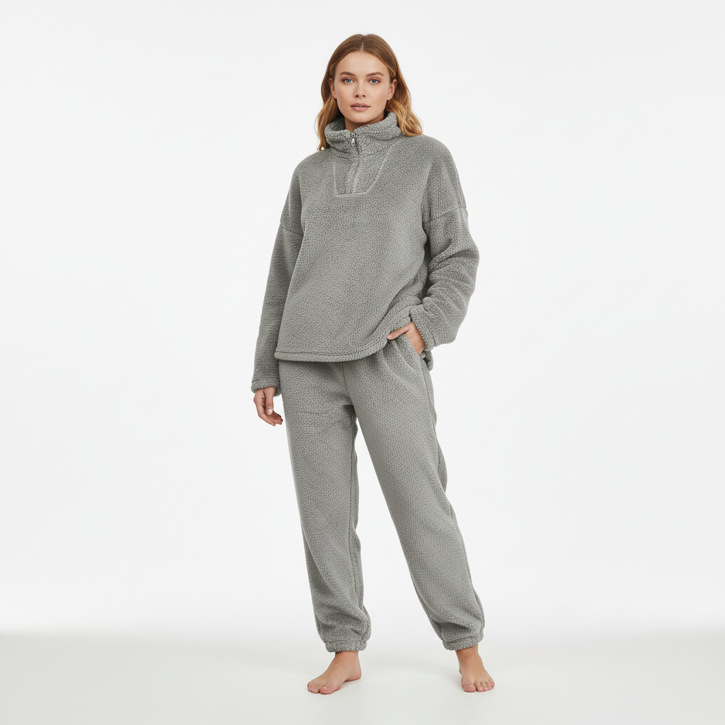 Stylish women's plush fleece loungewear set, perfect for lounging and cold weather.