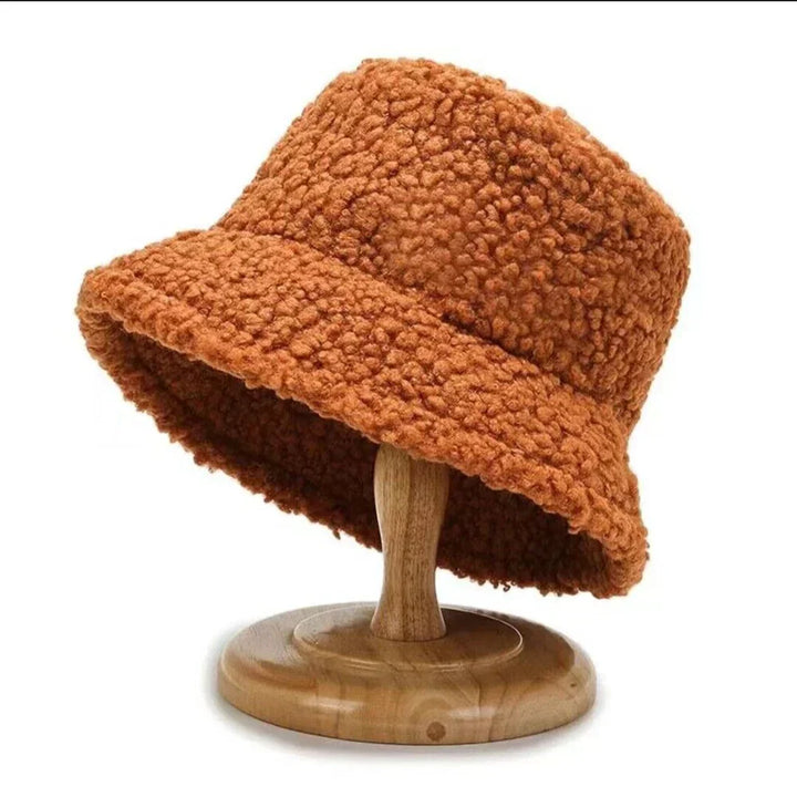Close-up of a women's plush teddy bucket hat, showing the soft texture