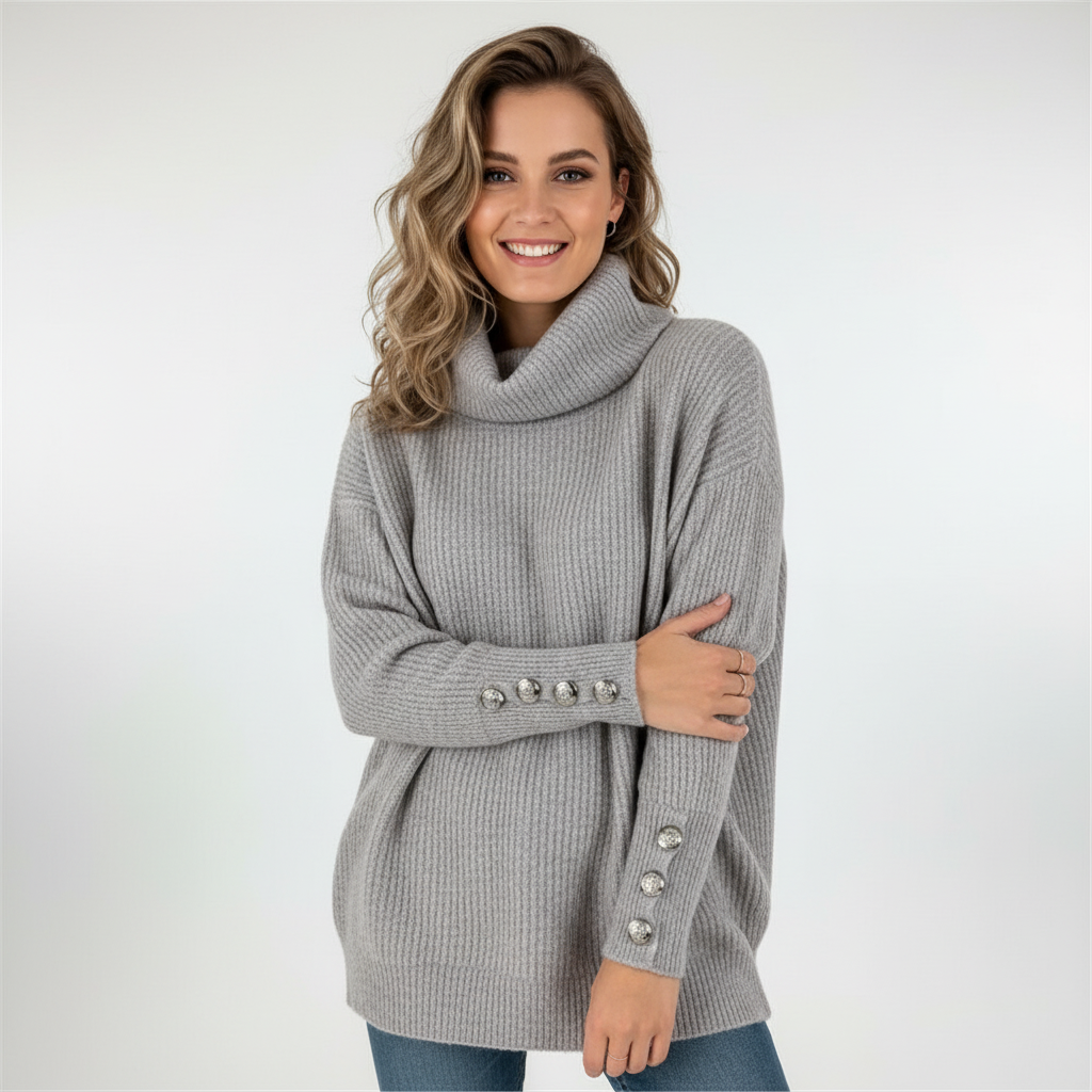 Elegant women's knitted turtleneck sweater with long sleeves, made from a warm cotton blend