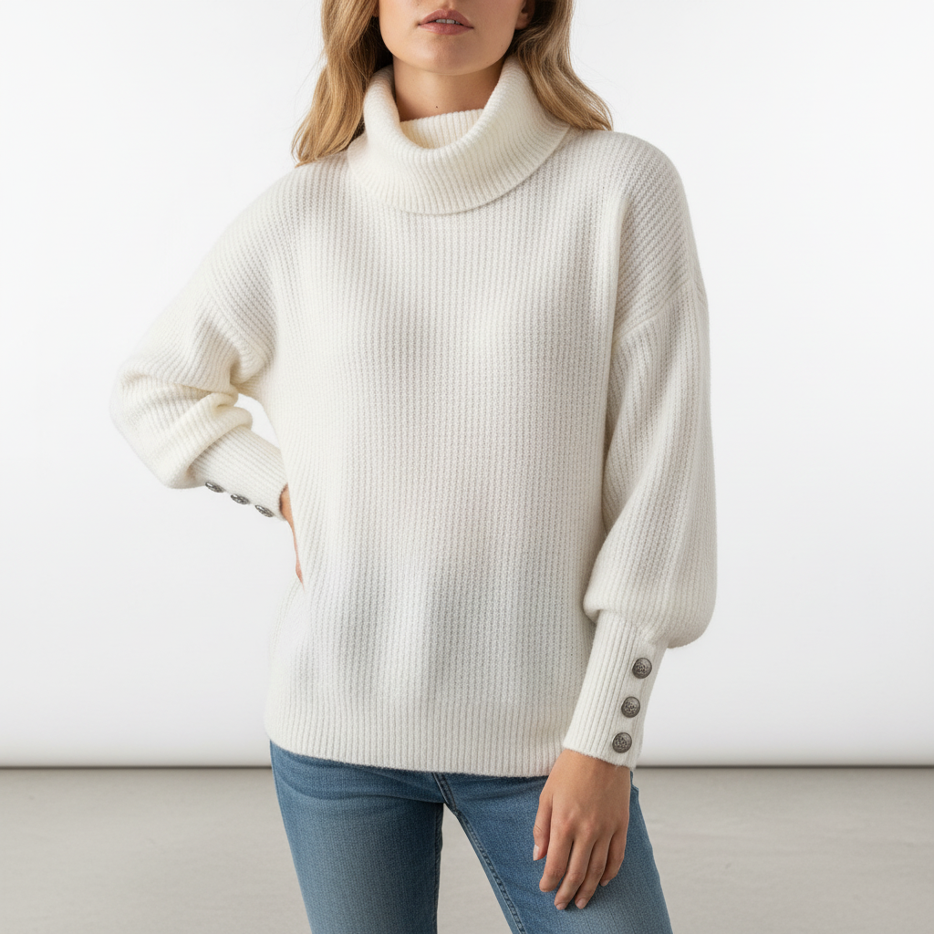 Fashionable women's turtleneck knitted sweater with long sleeves, great for cozy winter days