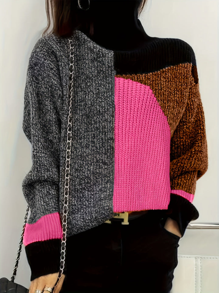 Relaxed fit women's cozy knit turtleneck sweater. Warm, long sleeve design for casual winter comfort.