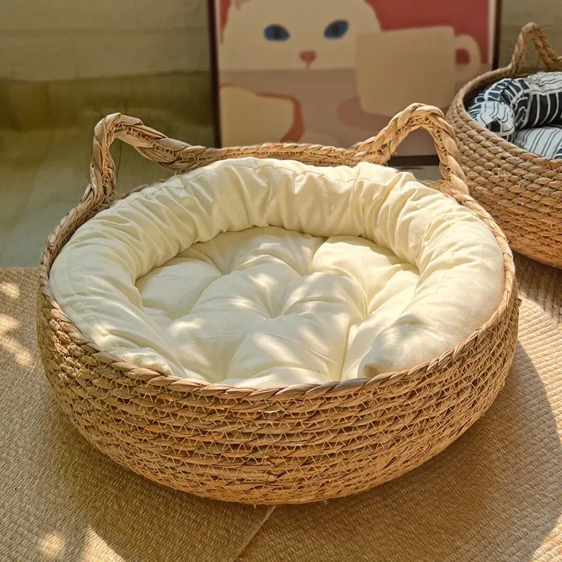 Hand-woven rattan cat bed with soft cushion for year-round comfort. Durable & washable pet furniture for cats & kittens.