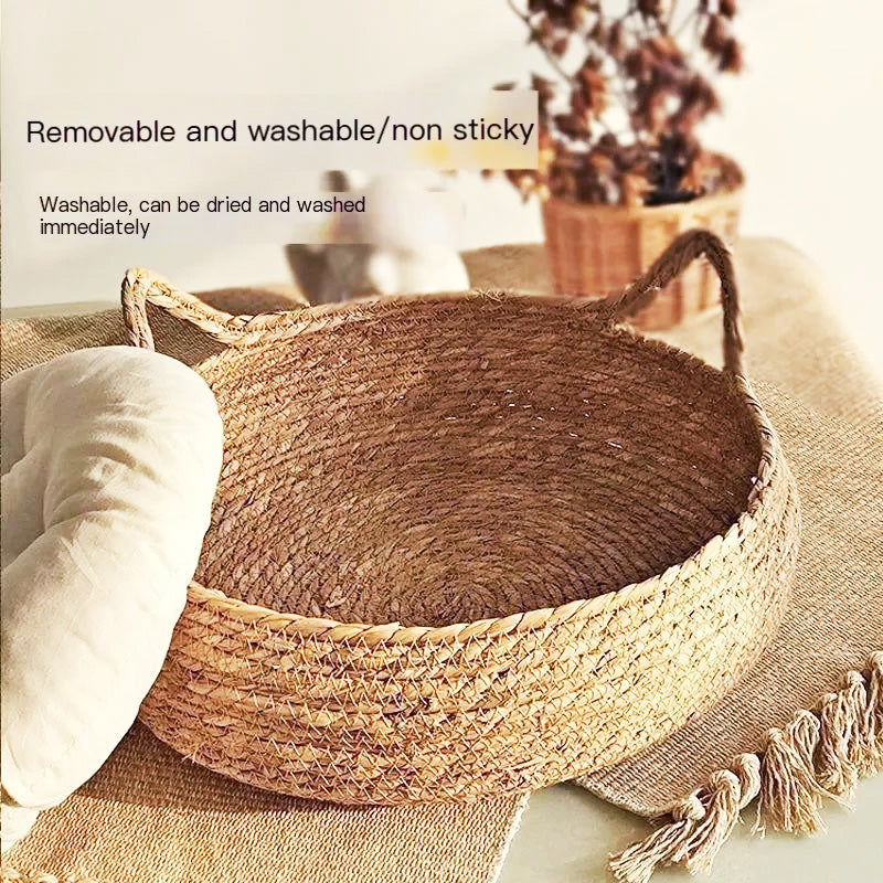 Comforting woven rattan cat bed. Durable, scratch-resistant & washable pet accessory for cats of all sizes.