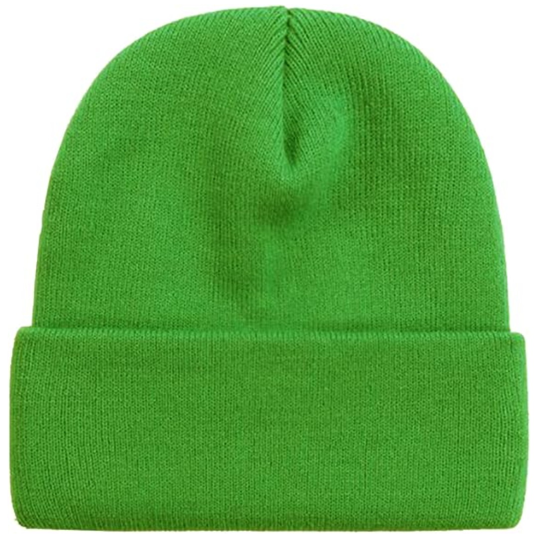 Model wearing a stylish CozyCap warm knitted winter beanie in forest green outdoors