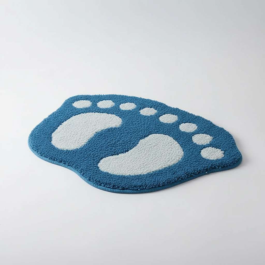 Foot-shaped floor mat for bathroom, CozyFoot design, offering non-slip safety & plush comfort by tub