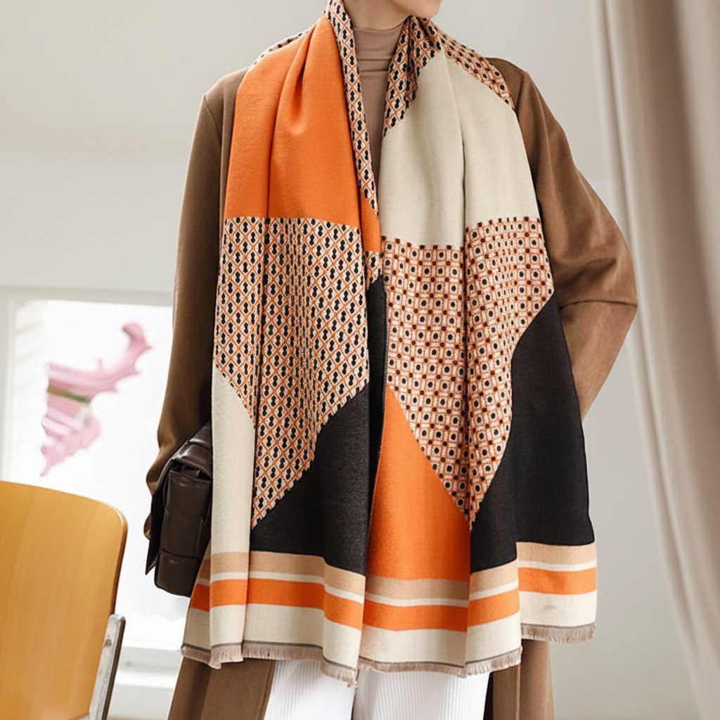 CozyLuxe soft, fashionable, warm winter scarf for women, finely woven with multicolored design