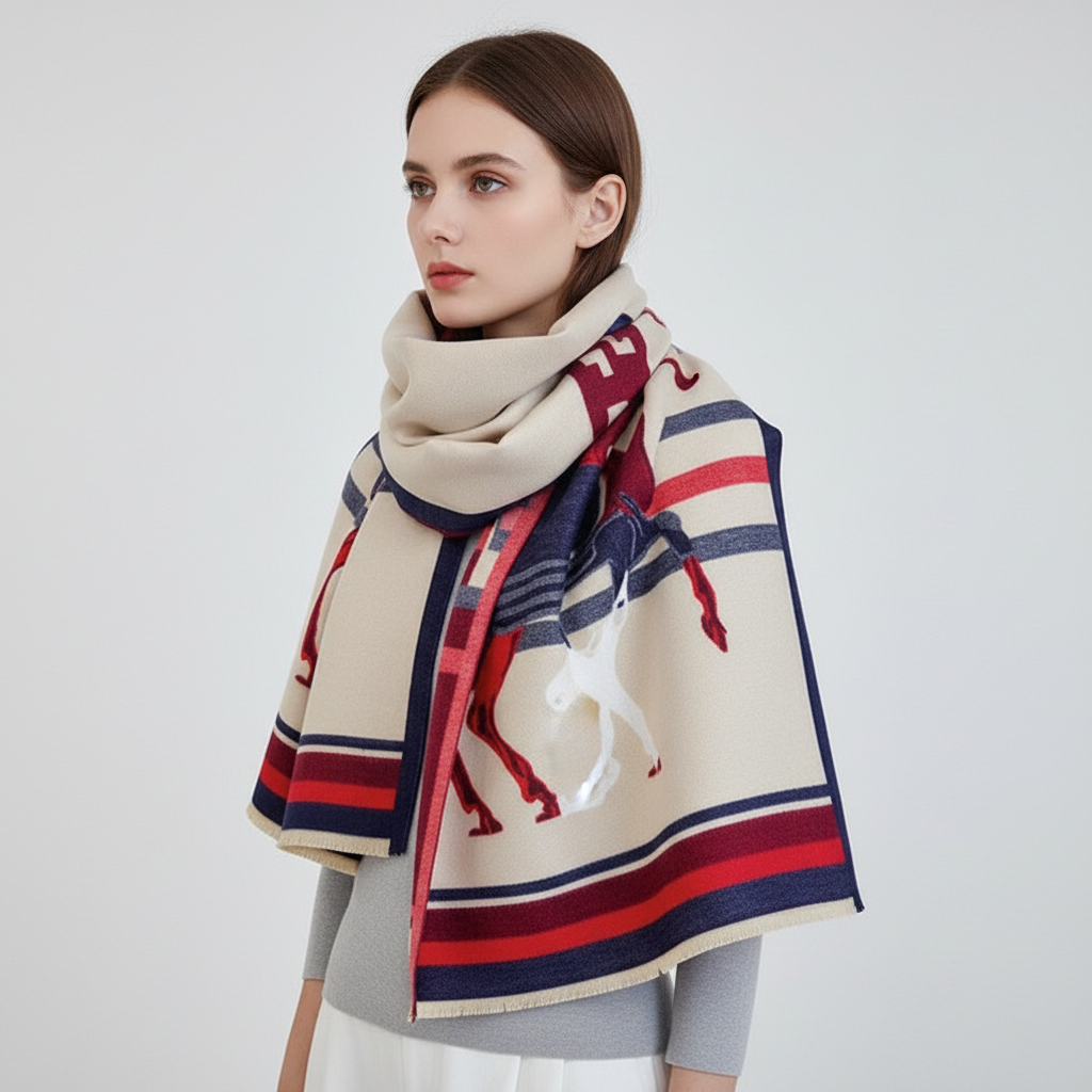 Front view of a luxurious, soft, and warm multi-colored women's winter scarf