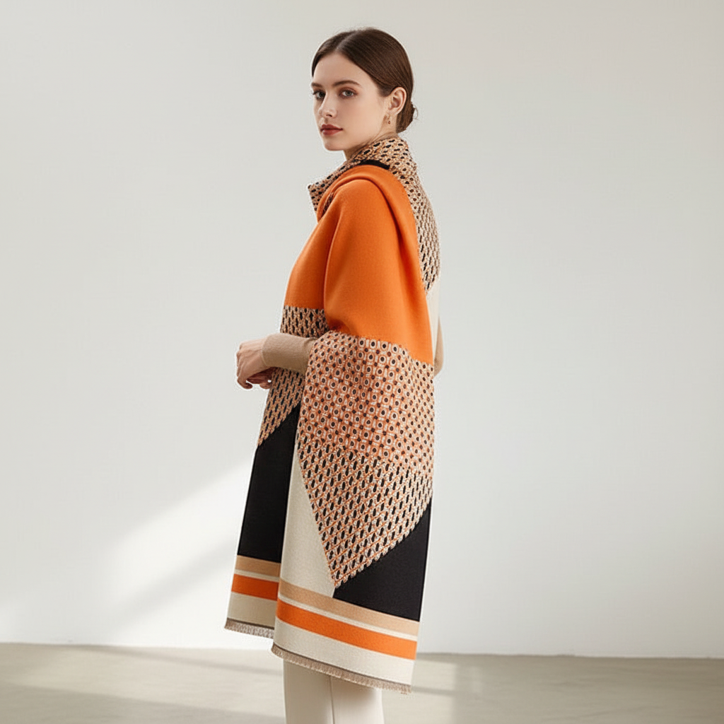 Stylish women's winter scarf, hypoallergenic and soft, showing a multicolored woven pattern