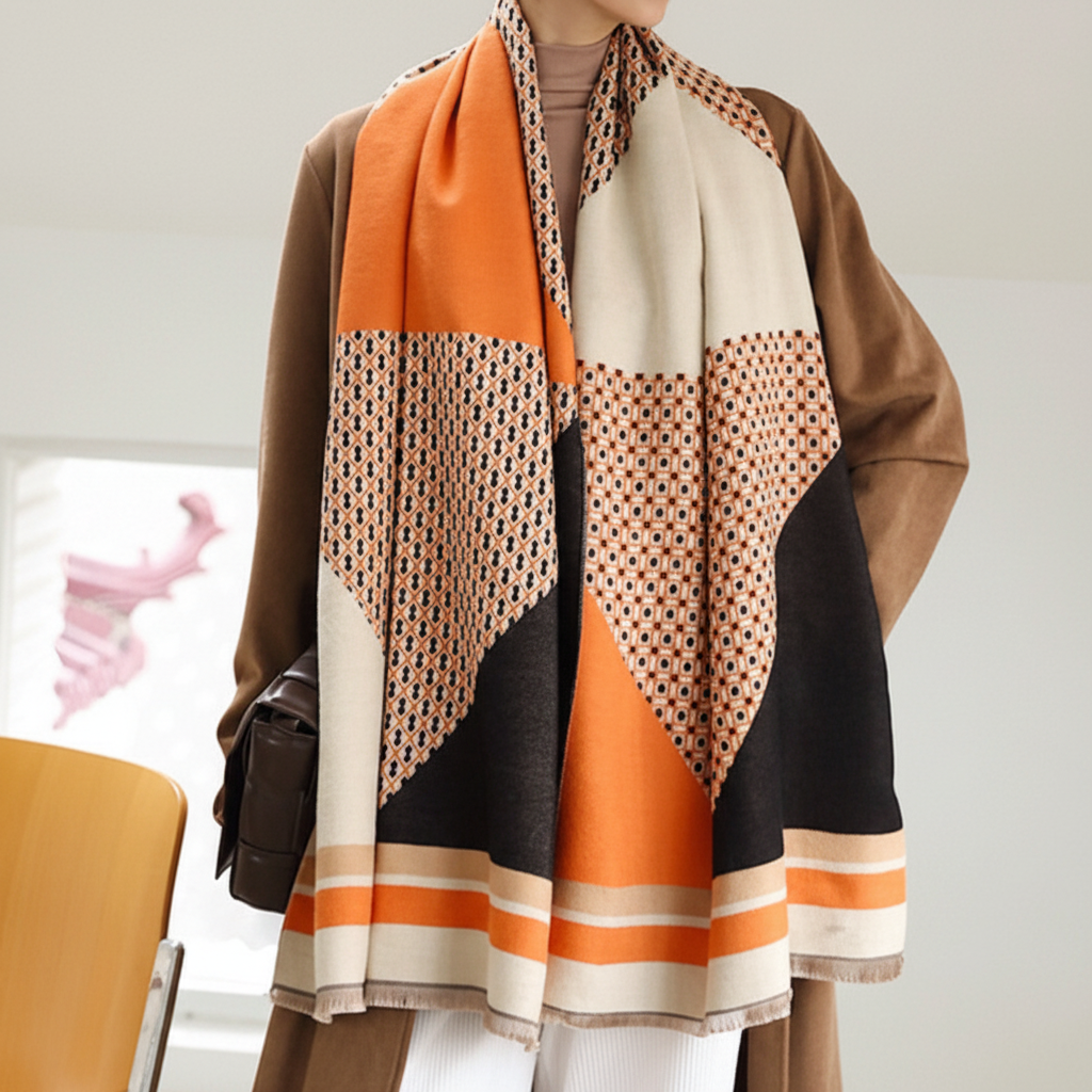 Warm CozyLuxe fashion scarf, multi-colored and finely woven, perfect for winter and fall outfits