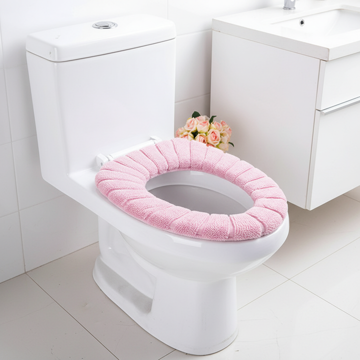 CozySeat padded toilet seat cover in soft polyester for unisex bathroom comfort, hygienic