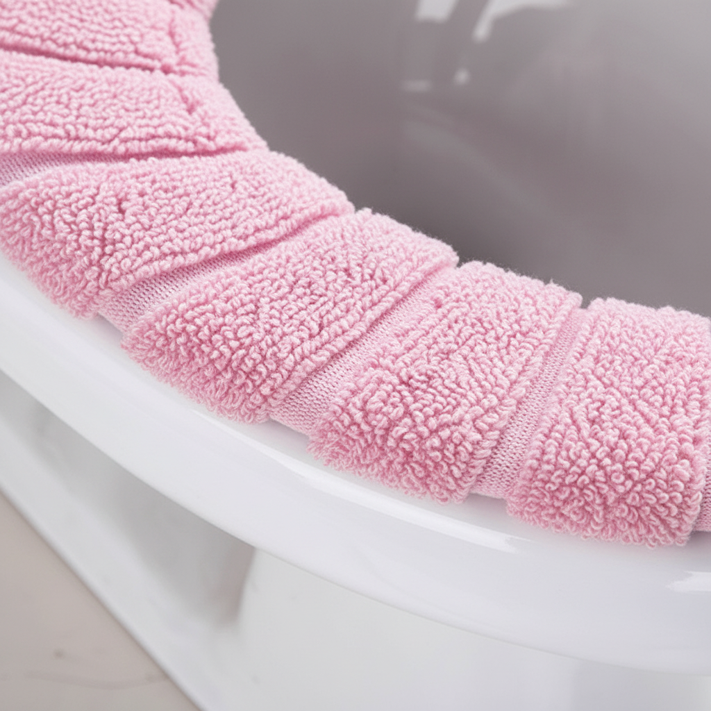Close-up of plush CozySeat padded toilet cover, soft polyester for ultimate bathroom comfort