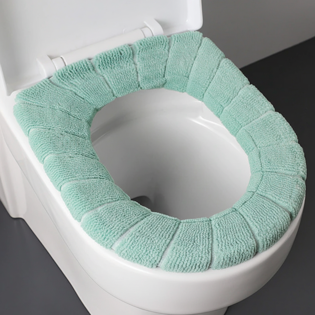 Bathroom interior featuring a CozySeat padded toilet seat cover for added comfort and warmth