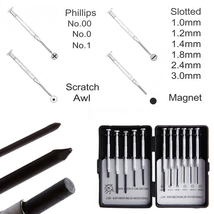 Close-up of magnetic tips on Craftix micro precision screwdrivers, ideal for watch and eyeglass repair