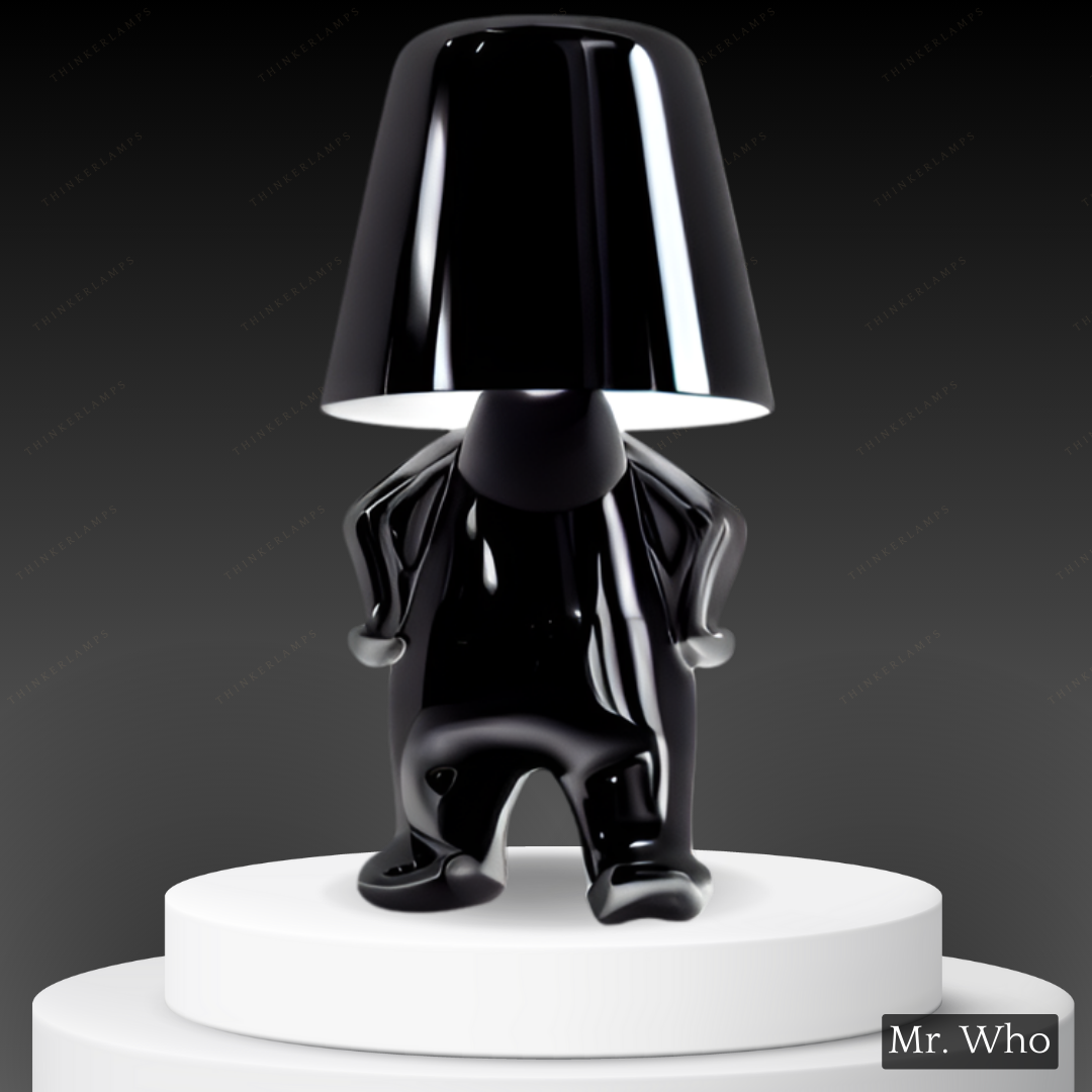 Thinker-inspired LED table lamp, providing bright illumination for creative tasks.