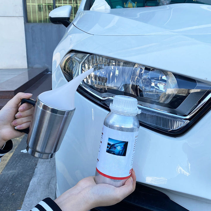 Crystal Clear Headlight Restoration Kit with polisher, UV protectant, and cloths for DIY car care.