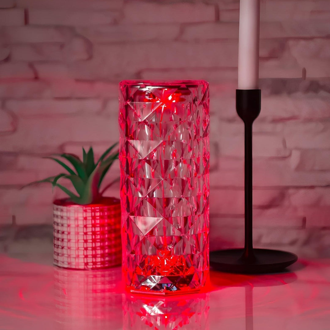 Top-down view of the crystal touch lamp, emphasizing its elegant form and colorful LED illumination