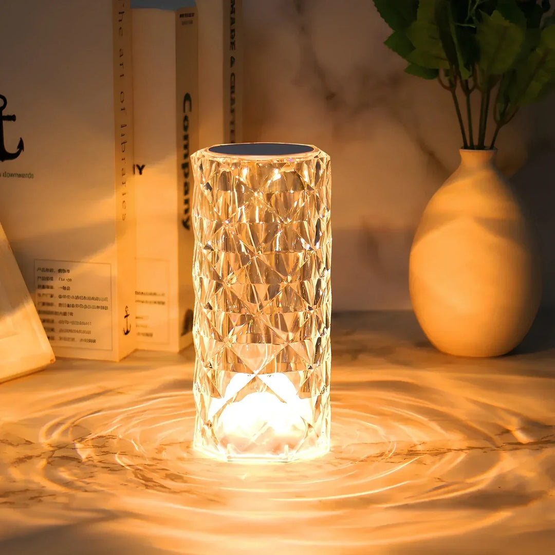 Rechargeable LED crystal table lamp with remote control, perfect for ambient bedroom lighting