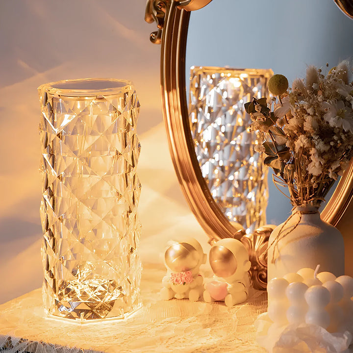 Elegant crystal table lamp, Aurora design, showcasing a warm yellow LED glow, home decor centerpiece