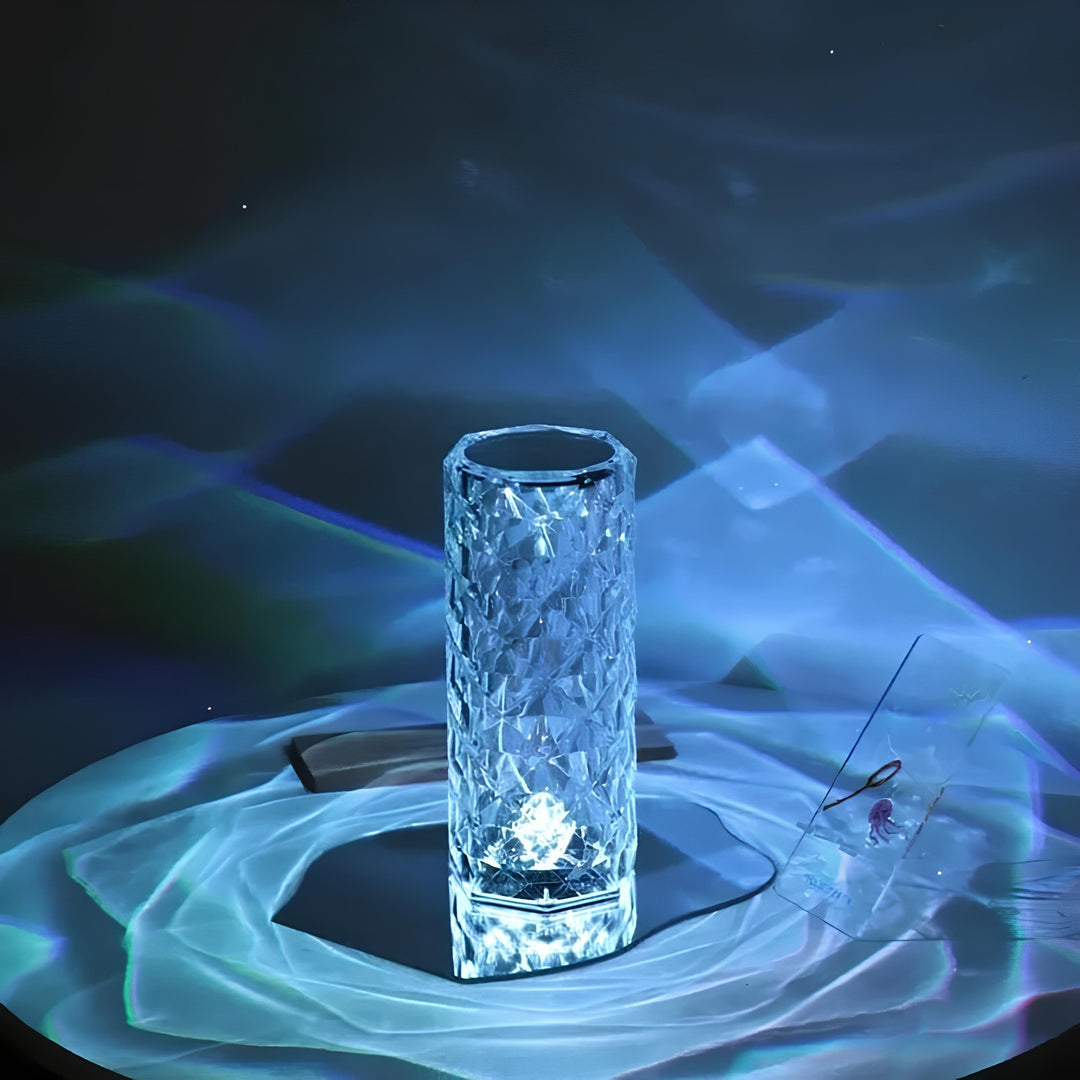 Modern crystal lamp illuminating a living room with its 16-color LED light, stylish home decor