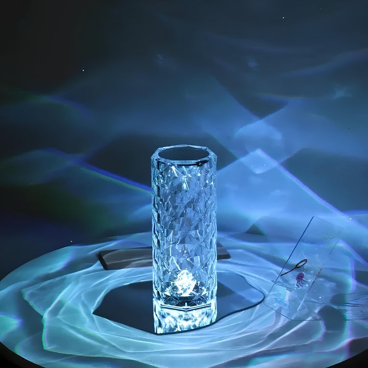 Modern crystal lamp illuminating a living room with its 16-color LED light, stylish home decor