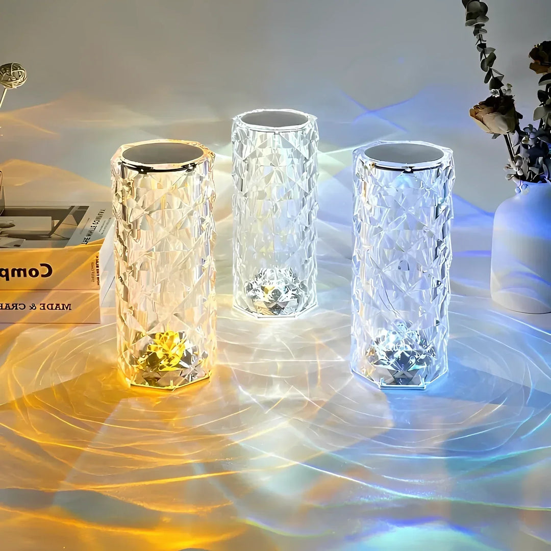 Detail of the faceted crystal base of the touch table lamp, catching light and sparkling, Aurora design
