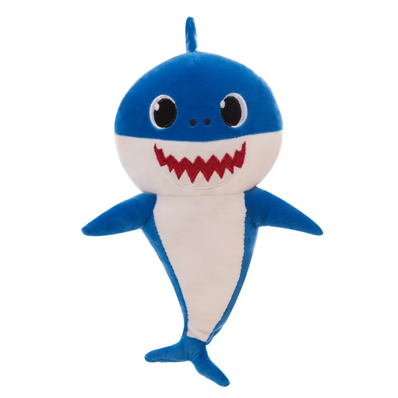 Vibrant singing shark soft toy for kids, featuring built-in lights and engaging music for playtime.