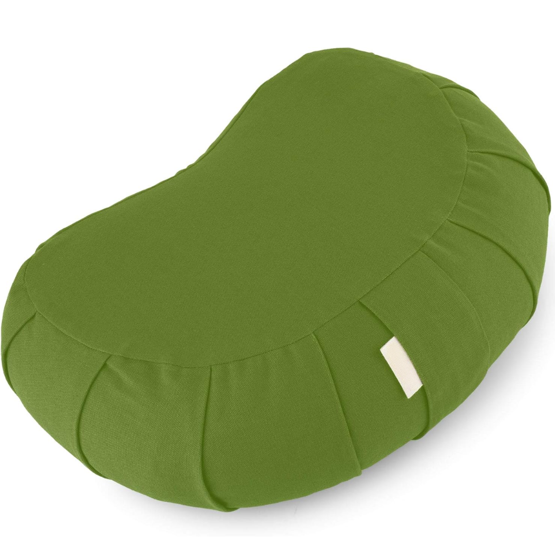 Curved organic cotton meditation cushion offering superb back support & comfort; buckwheat filled & washable.