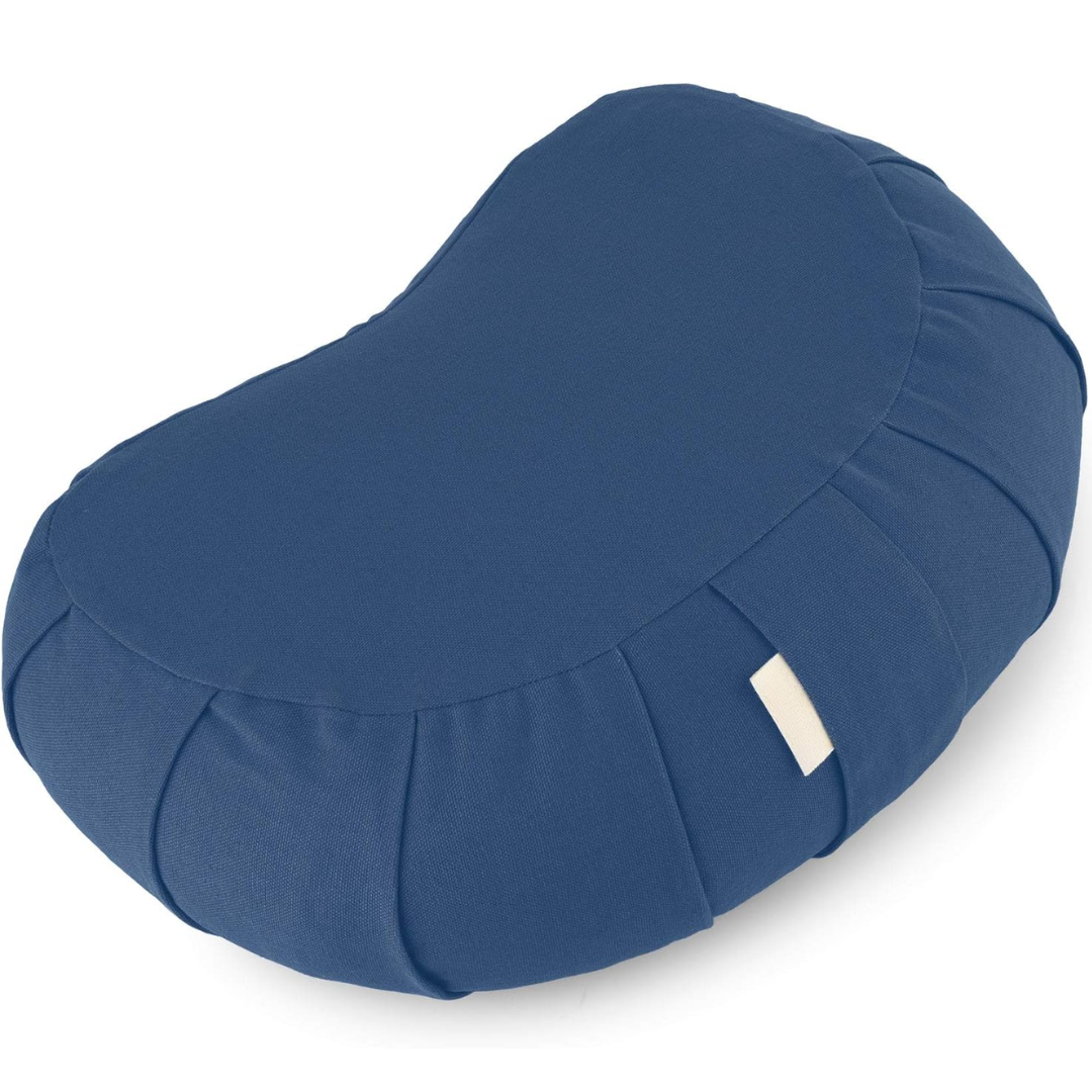 Versatile curved organic cotton meditation cushion, perfect for yoga & mindfulness, with a washable cover.