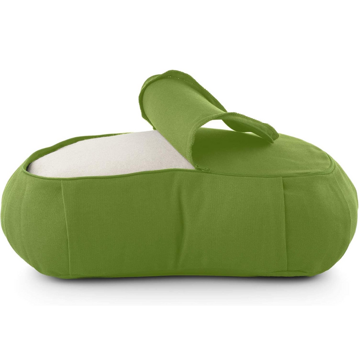 Eco-friendly curved meditation cushion, organic cotton cover & buckwheat fill, promotes mindfulness & relaxation.