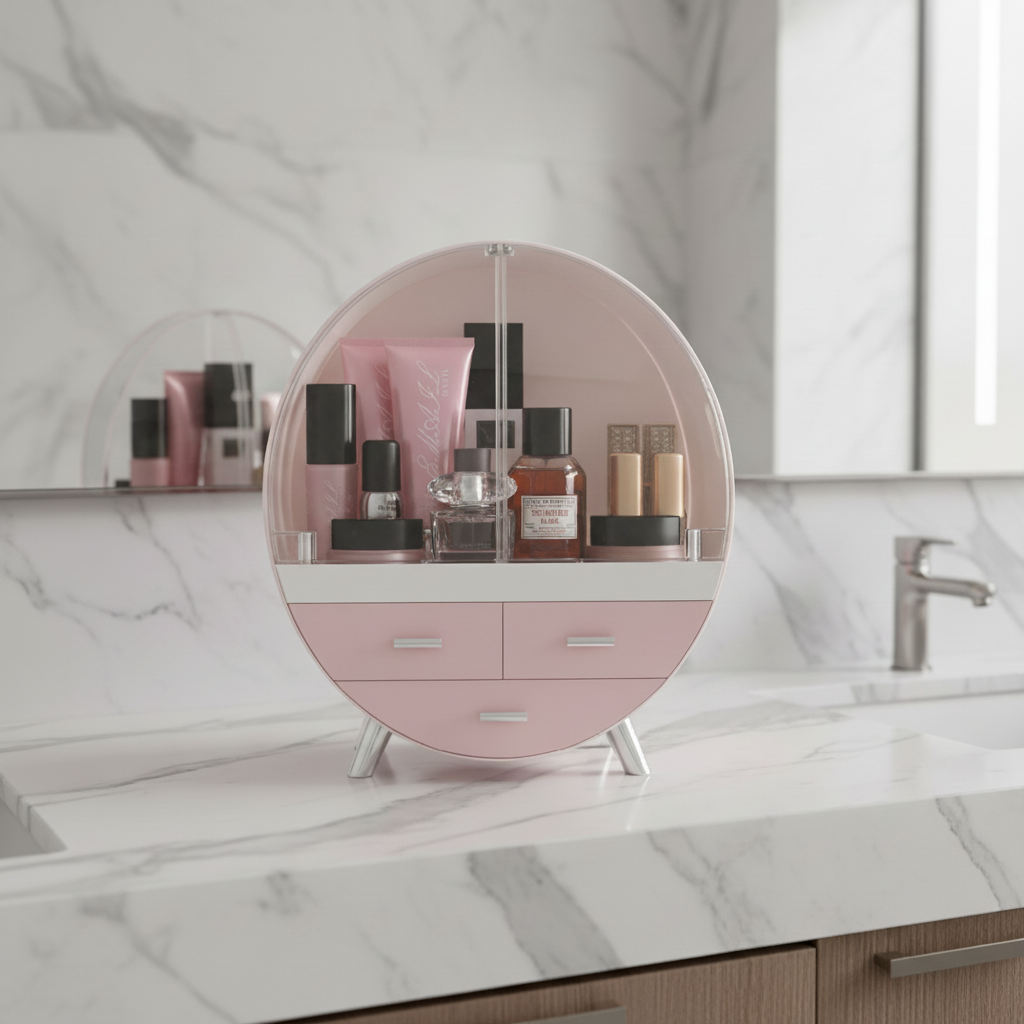 Curvique cosmetic organizer with magnetic doors, round plastic makeup storage for vanity