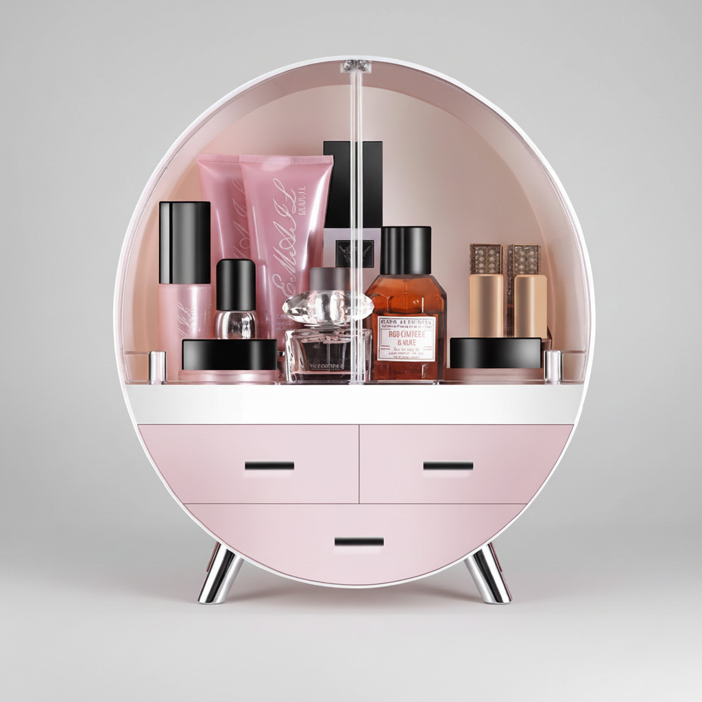 Dustproof Curvique beauty storage box, clear plastic, with gold handle, on a bathroom counter
