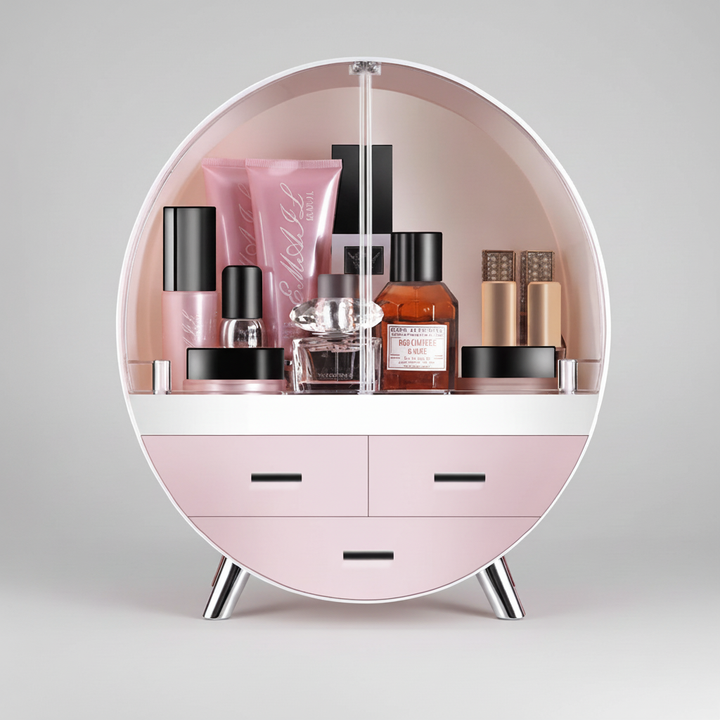 Dustproof Curvique beauty storage box, clear plastic, with gold handle, on a bathroom counter