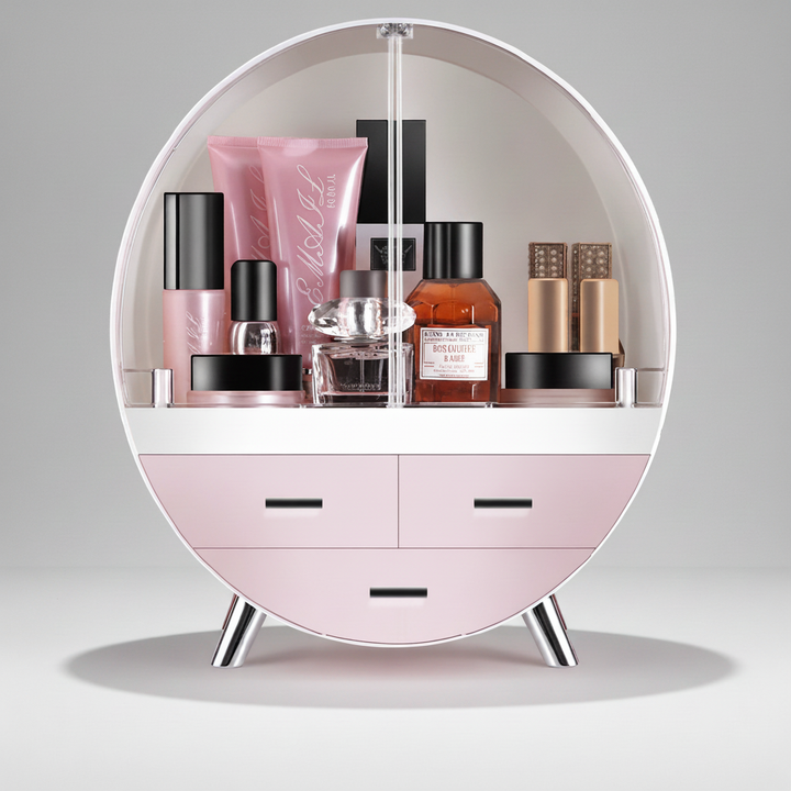 Stylish Curvique plastic organizer for cosmetics, shown full of makeup brushes and palettes