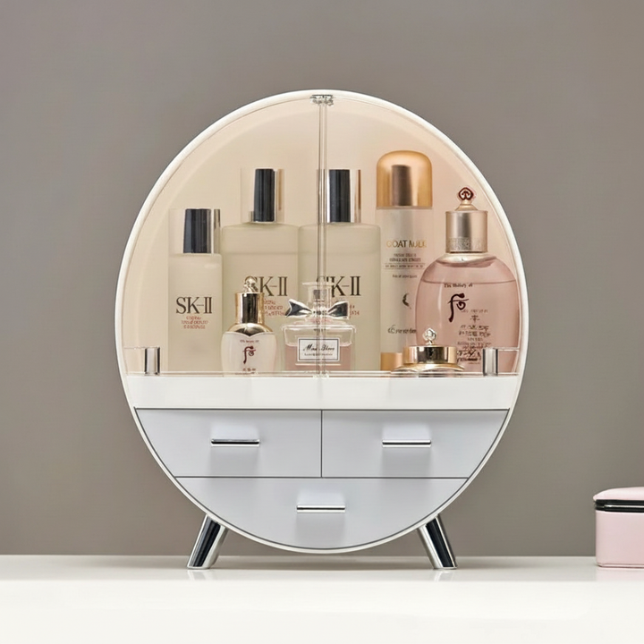 Modern Curvique round cosmetic storage with magnetic doors, an elegant home decor item