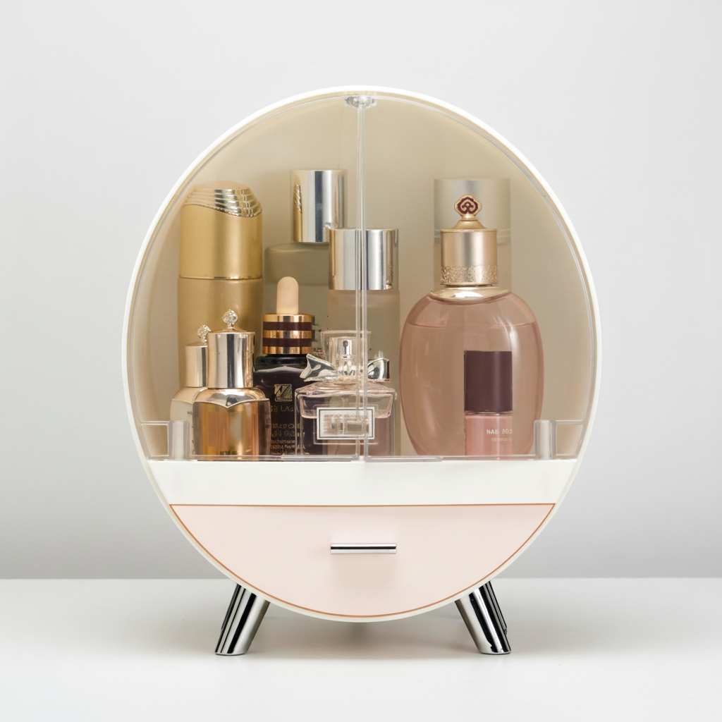 Close-up of Curvique cosmetic organizer showing magnetic closure and interior storage space