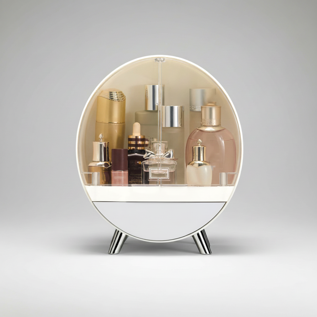 Curvique bathroom organizer, round plastic, neatly storing various makeup products on a shelf