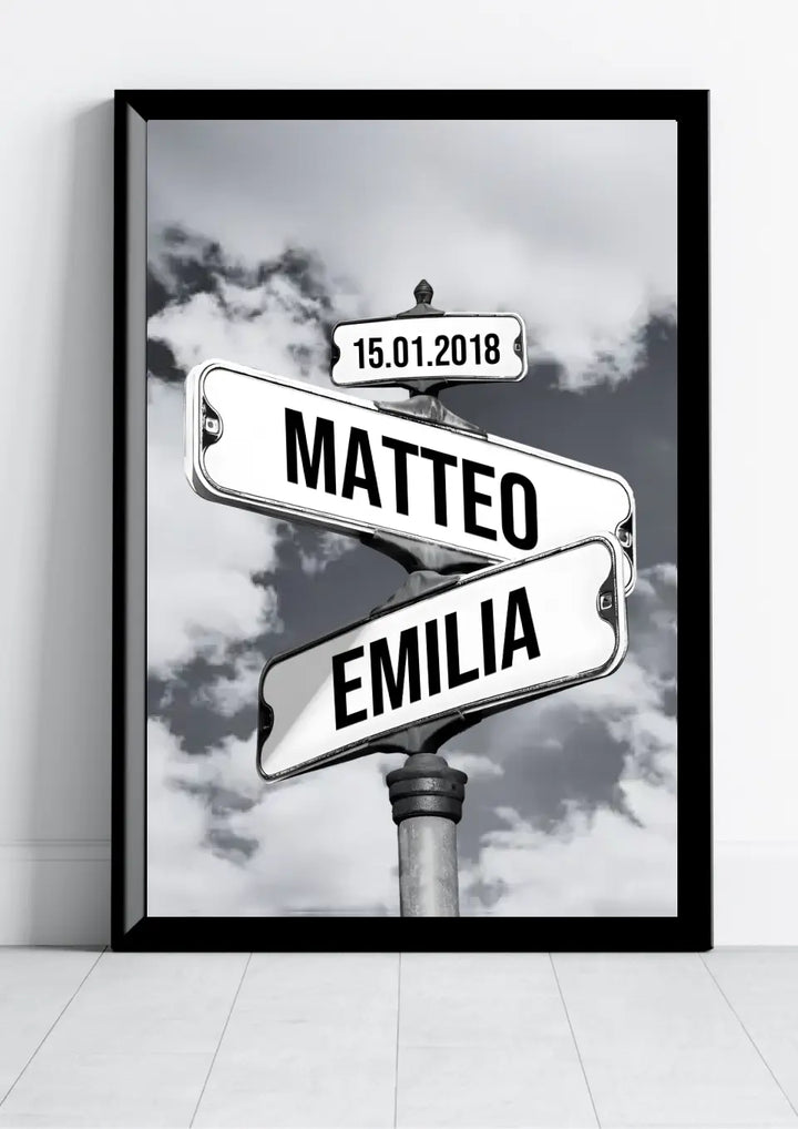 Romantic street sign wall art featuring custom names & date. Personalized love keepsake for couples' home decor.