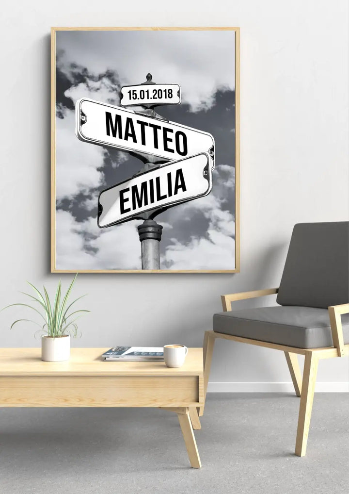 Couples personalized street sign poster with custom names & dates. Perfect custom print for wall decor & gifts.