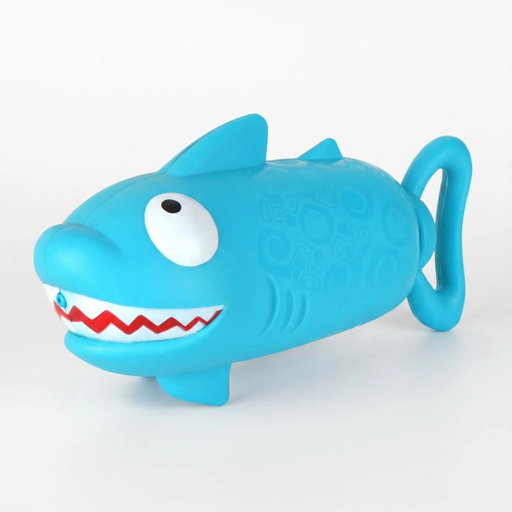 Blue shark animal water squirt toy for kids, ideal for pool parties, beach play, and bath time fun.